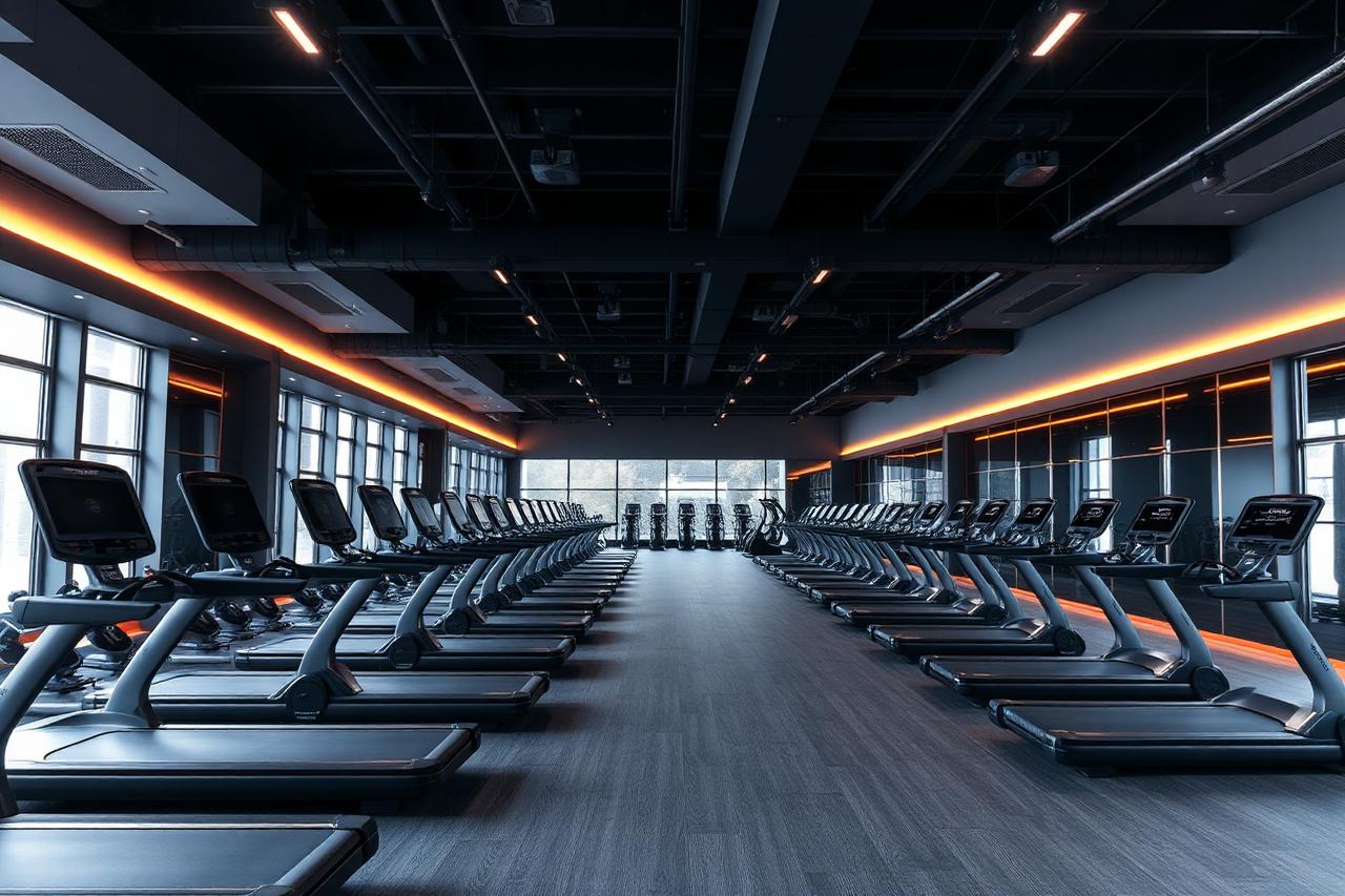 Spacious modern cardio floor with rows of treadmills and amber accent lighting