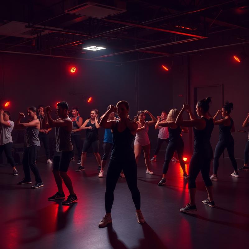 Group fitness class training together under warm studio lighting